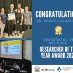 Congratulations Dr Hanns Lochmuller, Department of medicine researcher of the year 2024. Photo of Hanns and lab members receiving the award.