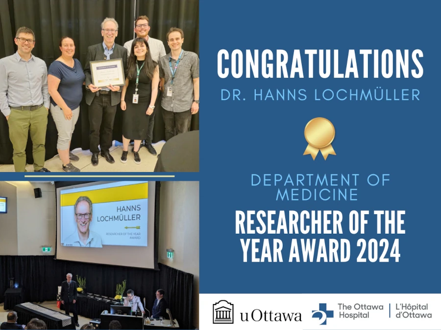 Congratulations Dr Hanns Lochmuller, Department of medicine researcher of the year 2024. Photo of Hanns and lab members receiving the award.