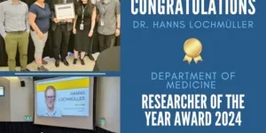 Congratulations Dr Hanns Lochmuller, Department of medicine researcher of the year 2024. Photo of Hanns and lab members receiving the award.