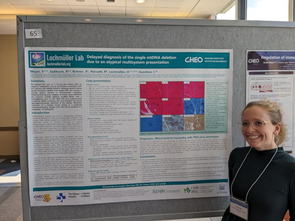 Dr. Stefanie Meyer with her Ottawa NMD 2023 poster 'Delayed diagnosis of the common single mtDNA deletion due to an atypical multisystem presentation'.