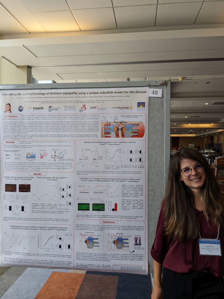 Dr. Romane Idoux, Postdoc, with her Ottawa NMD 2023 poster 'Unraveling the pathophysiology of Bethlem Myopathy using a unique zebrafish model for the disease'.