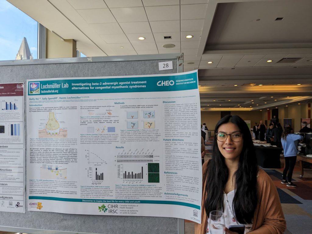 Kelly Ho, PhD student, with her Ottawa NMD 2023 poster abstract 'Investigating beta-2 adrenergic agonist treatment alternatives for congenital myasthenic syndromes'.