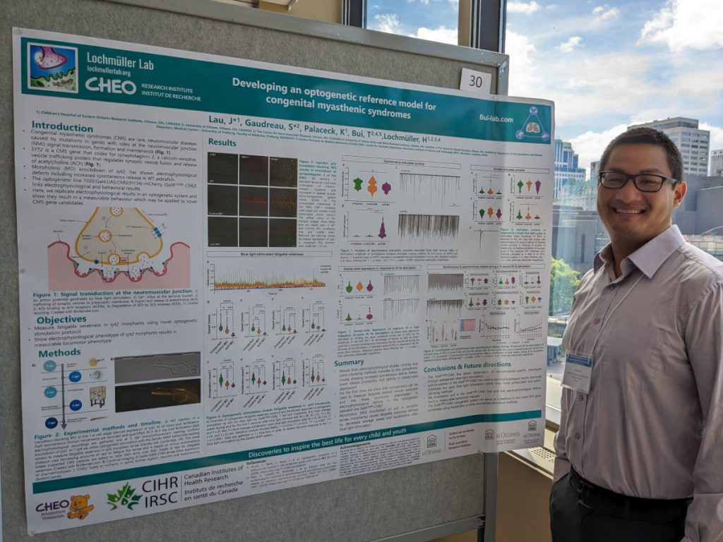 Jarred Lau, Research Associate, with his Ottawa NMD 2023 poster abstract 'Developing an optogenetic reference model for congenital myasthenic syndromes'.