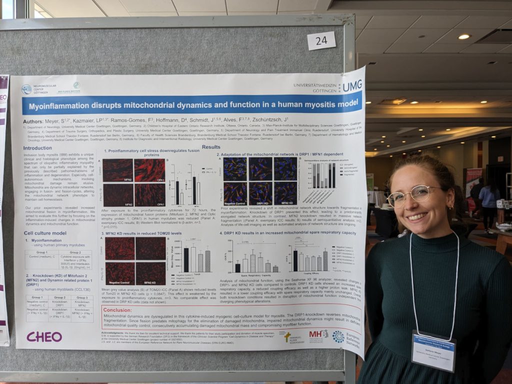 Dr. Stefanie Meyer with her Ottawa NMD 2023 poster abstract 'Myoinflammation disrupts mitochondrial dynamics and function in a human myositis model'.