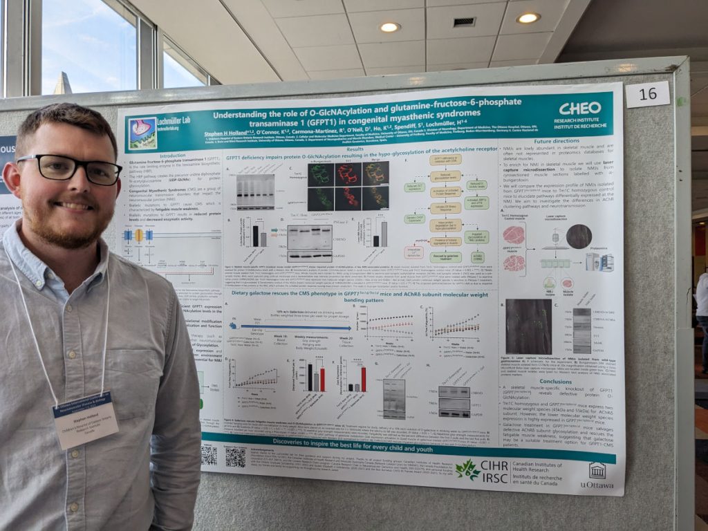 Stephen Holland, PhD student, with his Ottawa NMD 2023 poster abstract 'Understanding the Role of GFPT1 and O-GlcNAcylation in Congenital Myasthenic Syndromes'.