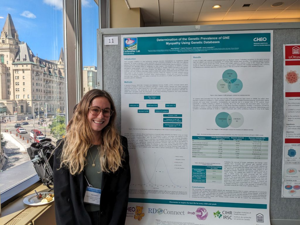 Alexa Derksen, MD/PhD student with her Ottawa NMD 2023 poster abstract 'GNE myopathy: a novel method for the estimation of disease prevalence using genomic databases'